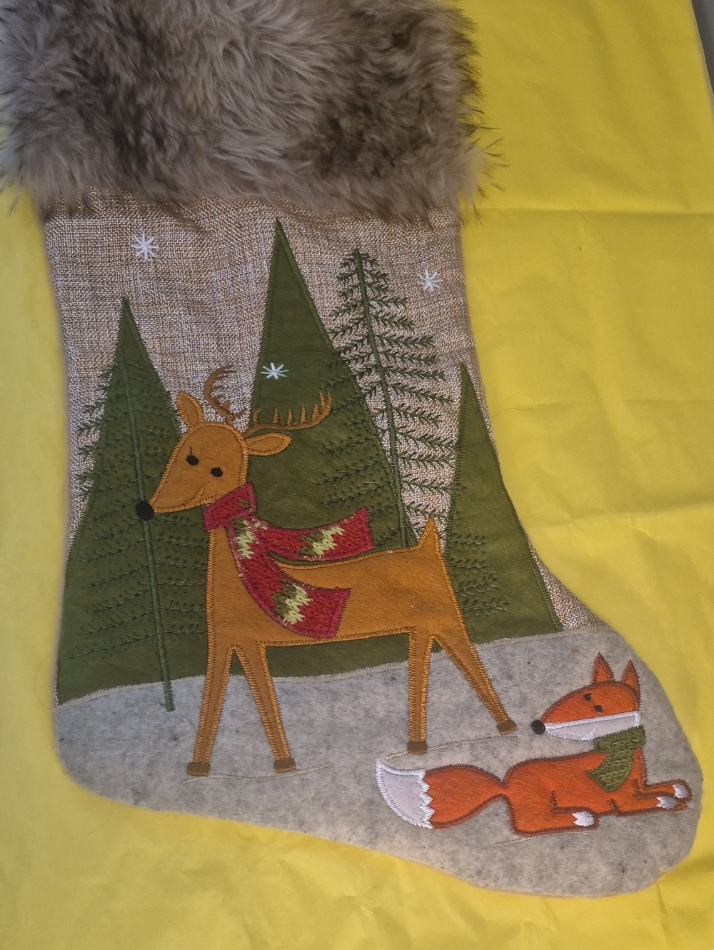 Holiday Reindeer & Fox Stocking with Faux Fur Cuff - Green & Orange